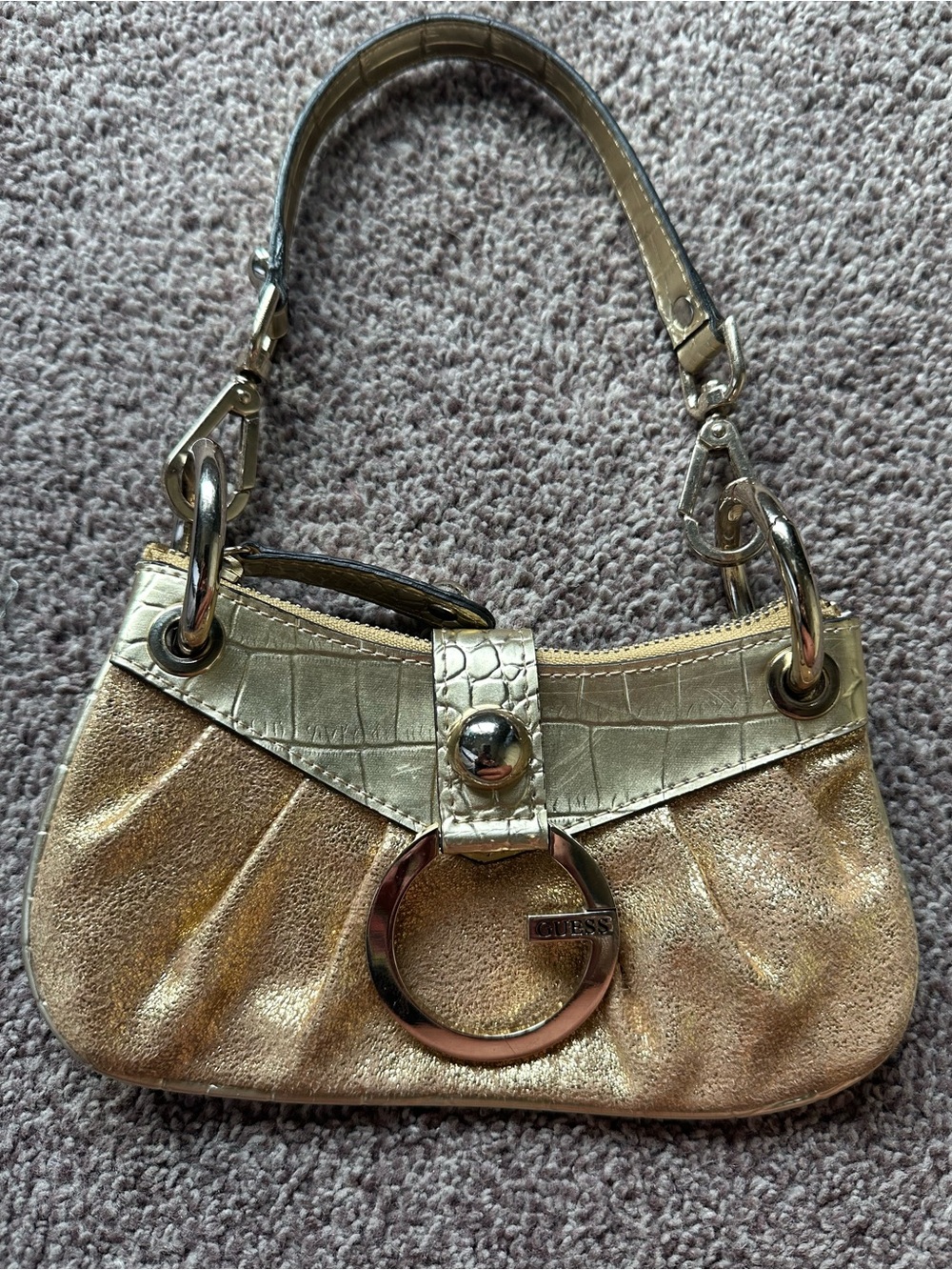Vintage Y2K GUESS Metallic Gold Pleated Mini Shoulder Bag G Logo